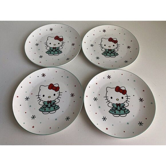 Set Of 4 Sanrio Hello Kitty Ceramic Dinner Plate 10.5” Christmas Tree Snowflake - Picture 1 of 9
